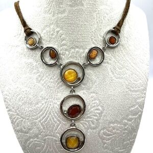 Lia Sophia Alex Y Necklace brown tone stones circle. Brown suede leather